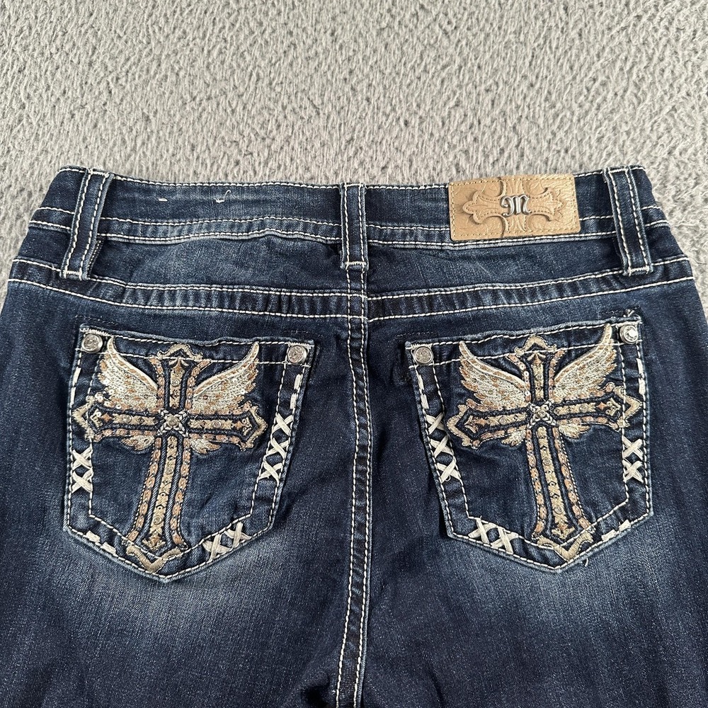 Miss Me Mid Rise Boot Jeans Womens 30 Blue Dark Wash Embellished Cross